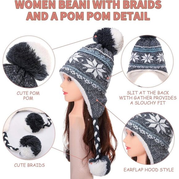 Women Black Pompom Long Ear Straps Beanie Winter Warm Fleece Lined Ski Hats Cap